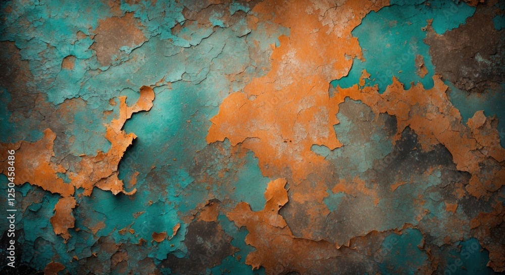Poster peeling paint texture with vibrant turquoise and orange hues creating an abstract background for art