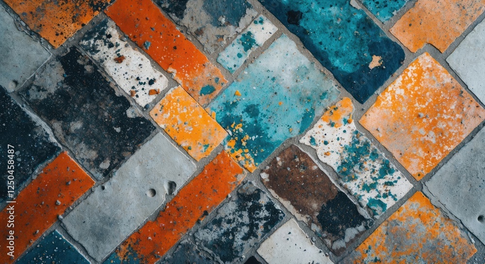 Poster vibrant abstract mosaic pattern of colorful tiles on a textured concrete floor showcasing unique vis