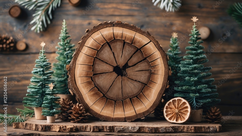 Poster pine tree cross-section on rustic wooden background with miniature trees and natural decor elements 