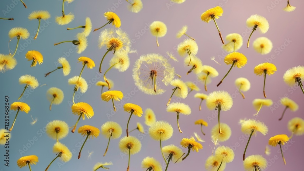 Poster yellow dandelion flowers floating in the air against a pastel background creating a whimsical and se