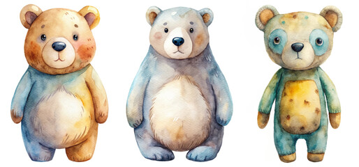 Cute watercolor bears, playful character design, soft colors, children's illustration, adorable animal art.