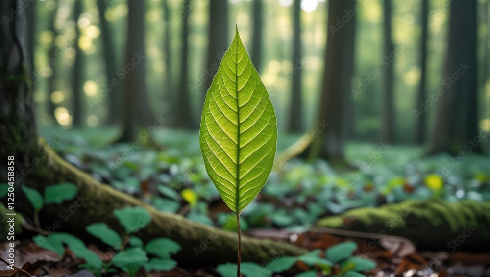 Poster vibrant green leaf standing alone in a serene forest setting with soft sunlight filtering through ta