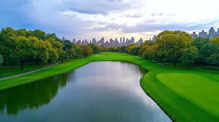 Fototapeta premium Aerial View Of Golf Course With City Skyline Reflection