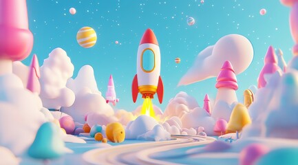 Rocket launch, candy-land, whimsical sky, stars