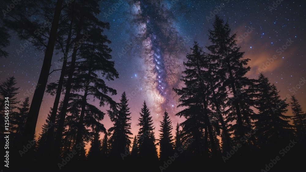 Poster silhouetted pine trees against a stunning starry sky with the milky way visible and ample space for 