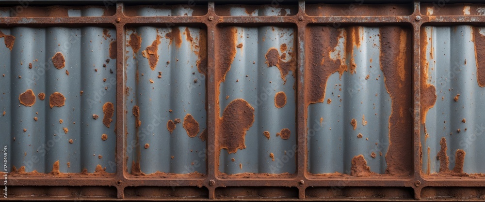 Poster weathered metal panel with deep rust and corrosion textures in a horizontal layout, showcasing the e