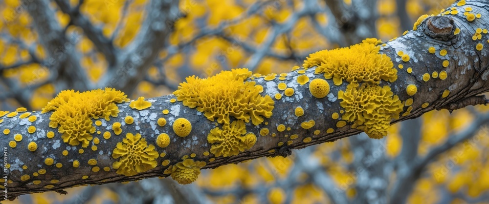 Poster close-up of a tree branch covered in vibrant yellow lichen showcasing intricate natural patterns and