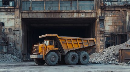 Obraz premium At the building premises a big mines dumping vehicle strong contemporary machinery for heavy freight shipment and transport
