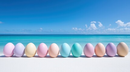 Pastel easter eggs on a tropical beach joyful celebration scene