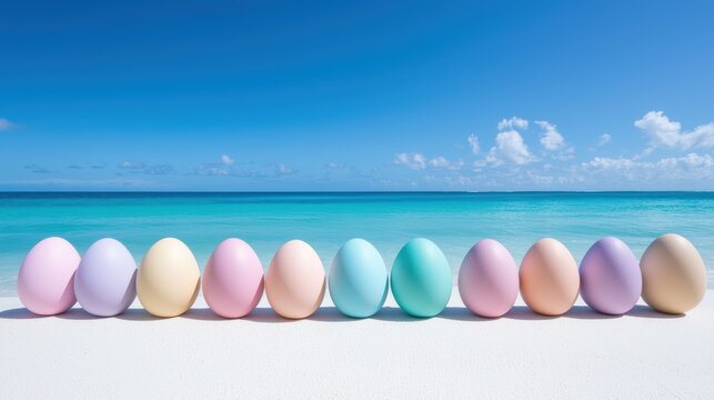 Pastel easter eggs on a tropical beach joyful celebration scene