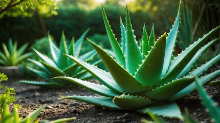 Fototapeta premium Lush green aloe vera plants thriving in a sunlit garden setting showcasing their vibrant, healthy foliage and natural beauty.