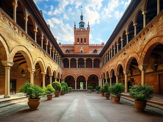 Fototapeta premium Italian Courtyard, Architectural, Sunny, Historic Building