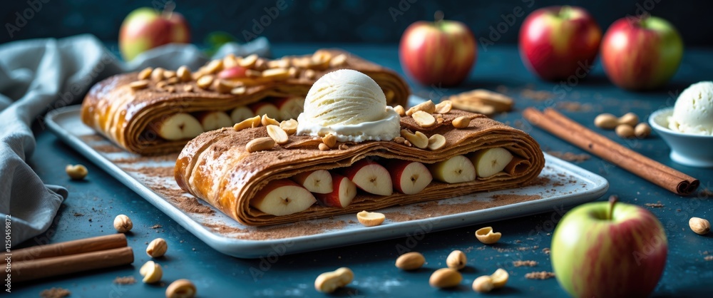 Poster Delicious Apple Strudel With Cinnamon Peanuts And Ice Cream Surrounded By Fresh Apples And Copy Space For Text Display