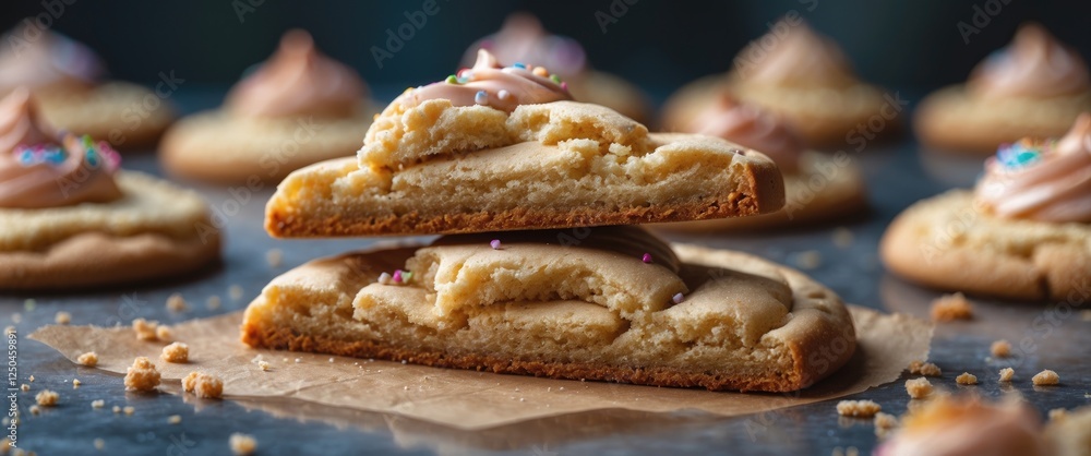 Poster chewy sugar cookie with frosting and sprinkles showcasing a deliciously soft texture and inviting ap