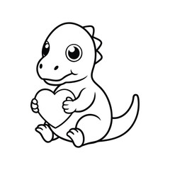 Obraz premium Cute Cartoon Dinosaur Holding a Red Heart – Adorable Kawaii Valentine’s Day Clipart