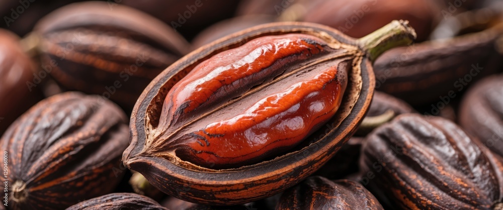 Poster close-up view of a cocoa bean pod revealing ripe cocoa seeds among several others on a textured surf