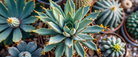 Agave Bracteosa Cactus Aerial View Surrounded by Varied Succulents in Pots Natural Beauty and Botanical Diversity
