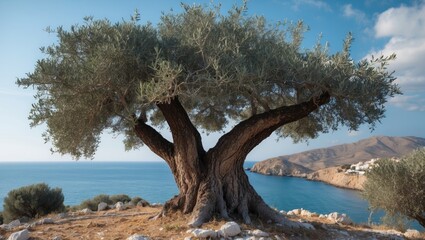 Majestic ancient olive tree overlooking the clear blue waters of Rhodes island in Greece with stunning natural scenery and rugged coastline.