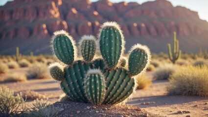 Desert Scene Featuring a Barrel Cactus Bathed in Sunlight with Expansive Copy Space for Textual Overlay