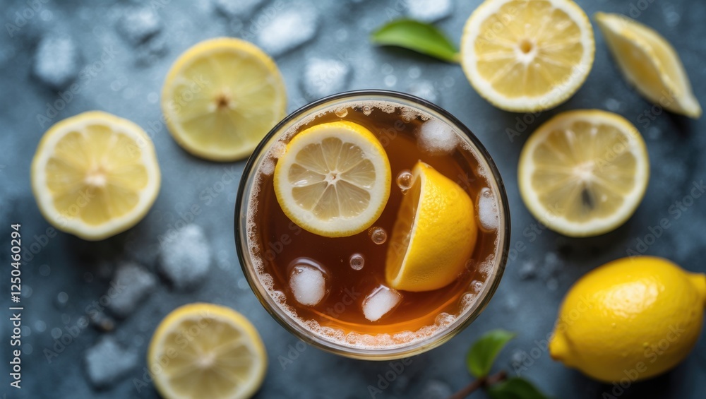 Poster refreshing lemon tea with ice and slices from above surrounded by fresh lemons and ice cubes on a te