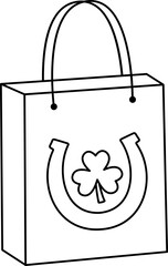 Paper bag with clover pattern outline. 
St. Patrick's day shopping paper bag outline.
Saint Patricks day gift bag coloring pages isolated. 
Transparent background.	