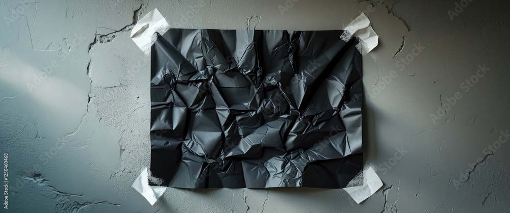 Poster crumpled black paper sheet affixed to a textured wall with tape creating an artistic and abstract vi