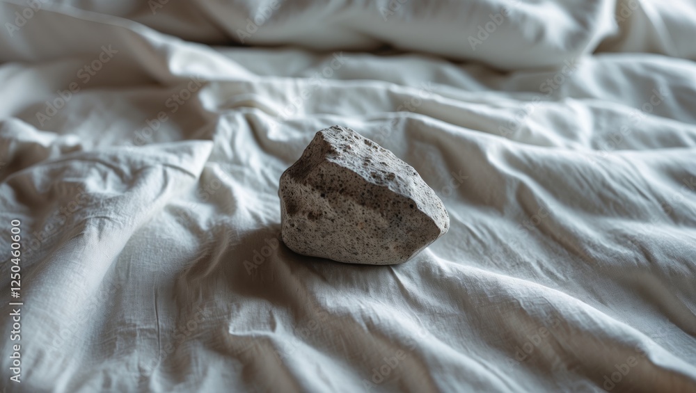 Poster a textured stone resting on soft white bedding symbolizing simplicity and nature in an intimate indo