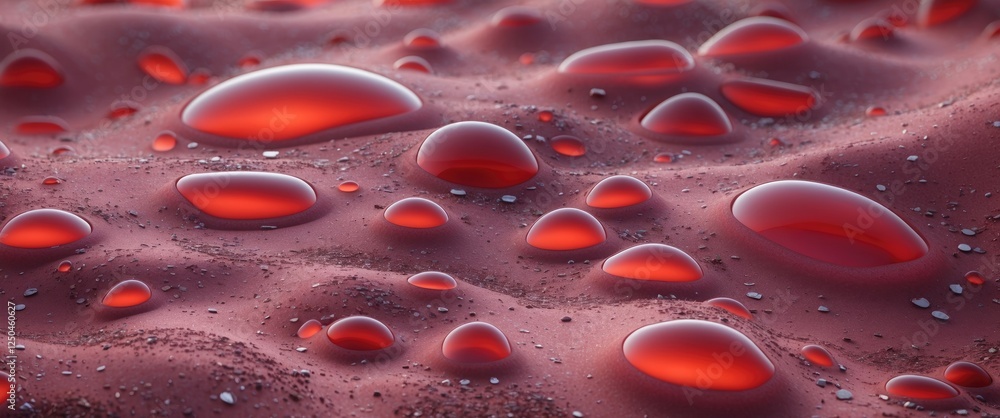 Poster close-up view of water droplets on a textured red surface reflecting light and creating a visually a