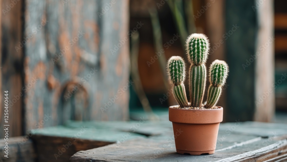 Aufkleber cactus in a terracotta pot on a rustic wooden table with empty space for text or branding in a cozy 