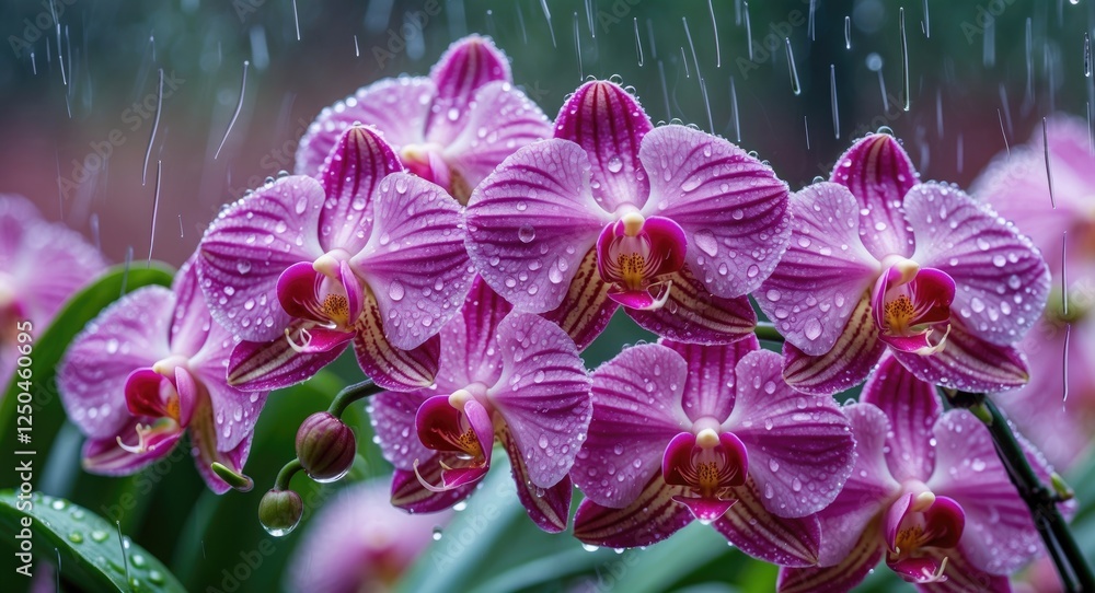 Poster pink phalaenopsis orchids adorned with raindrops create a vibrant floral display against a blurred b