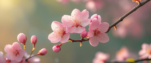 Delicate pink cherry blossoms blooming on a branch during spring, symbolizing renewal and natural beauty in a tranquil setting.