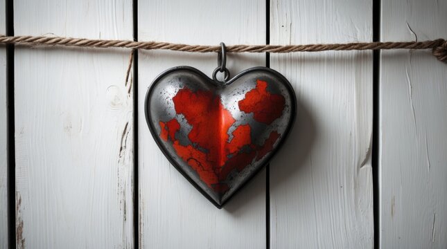 Rustic metal heart pendant hanging on twine against a weathered white wooden background symbolizing love and craftsmanship.