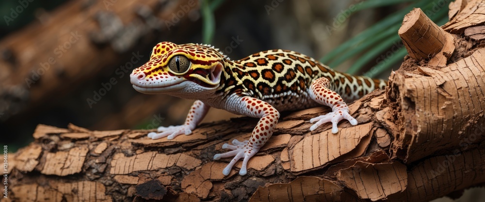 Aufkleber leopard gecko resting on cork bark with intricate patterns and vibrant colors creating a naturalisti