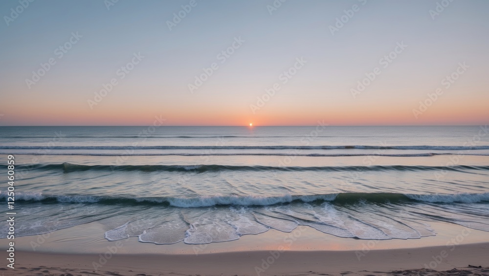 Poster panoramic coastal view at sunset with calm waves and soft evening sky, ideal for text overlay and re