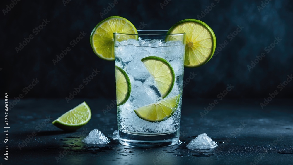Poster refreshing glass of soda with lime slices on dark background highlighting refreshing summer beverage