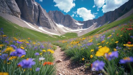 Vibrant Alpine Wildflower Meadows on Summer Trail with Majestic Mountain View and Clear Blue Skies in the Rockies