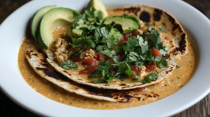 Avocado tortillas with cilantro and chicken quesadilla chowder