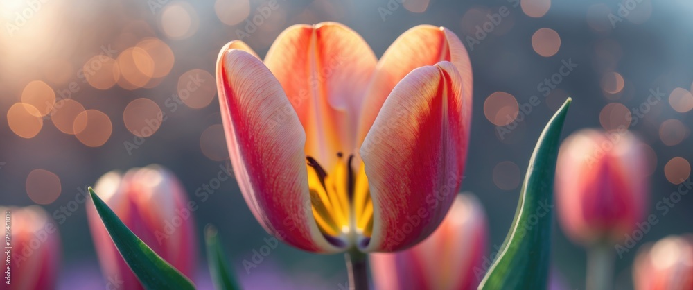 Poster close-up of a vibrant tulip petal with warm bokeh background showcasing delicate textures and rich c