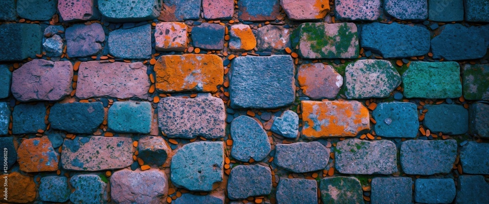Poster colorful abstract cobblestone pavement texture with aged stones and moss creating a unique decorativ