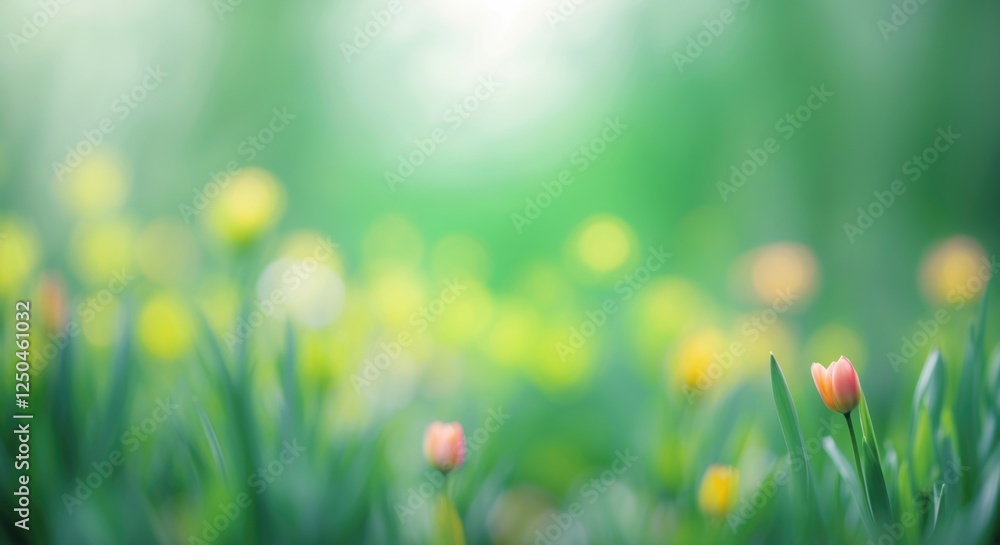 Poster springtime abstract blur with vibrant green background and soft floral highlights creating a serene 