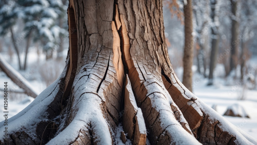 Poster winter scene of a tall tree trunk showing cracked bark and snow-covered roots in a serene forest set