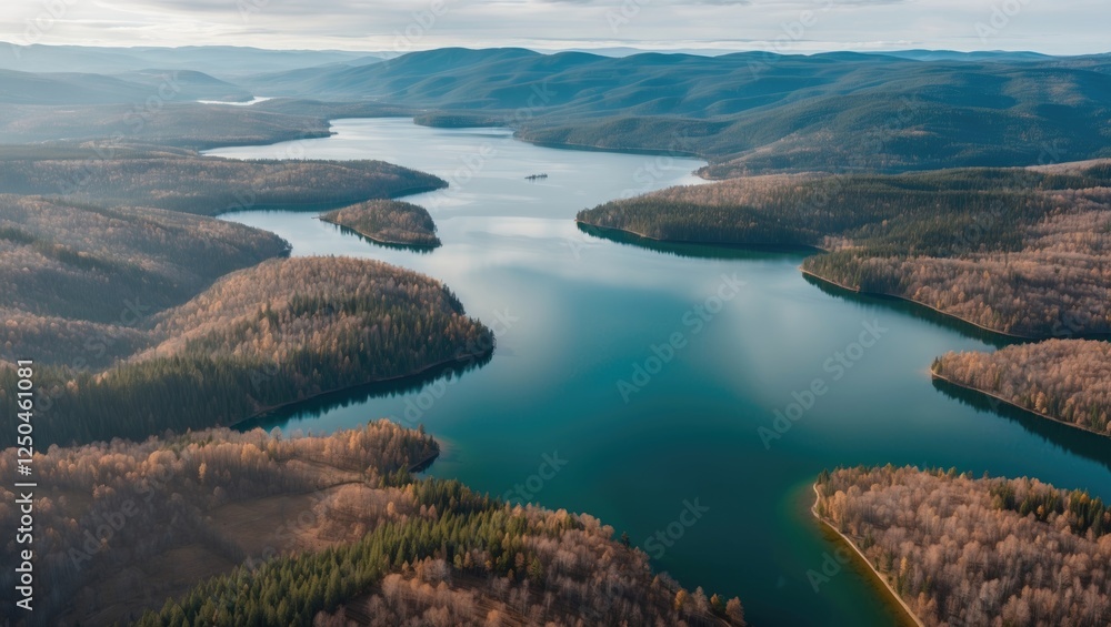 Aufkleber aerial view of serene lake surrounded by forested hills under cloudy sky with abundant negative spac