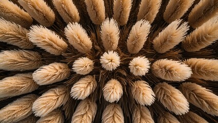 Aerial view of intricately arranged agricultural crop textures showcasing vibrant patterns and earthy tones in a unique formation.