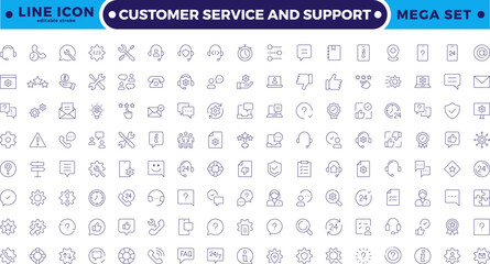 Customer Service and Support - Outline Icon Collection. Thin-line modern style of customer service icons: feedback, technical support, assistance, information, and more.  Editable stroke outline icon
