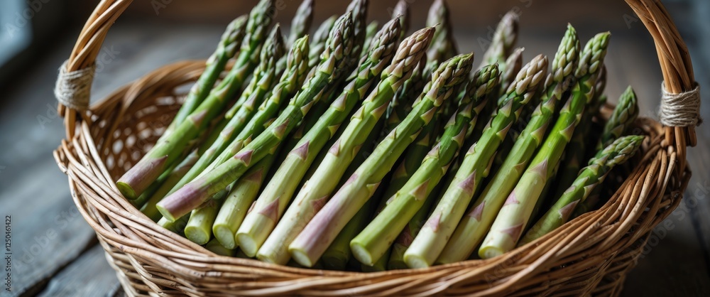 Poster fresh green asparagus stalks in a rustic basket with space for text or caption on a wooden table bac