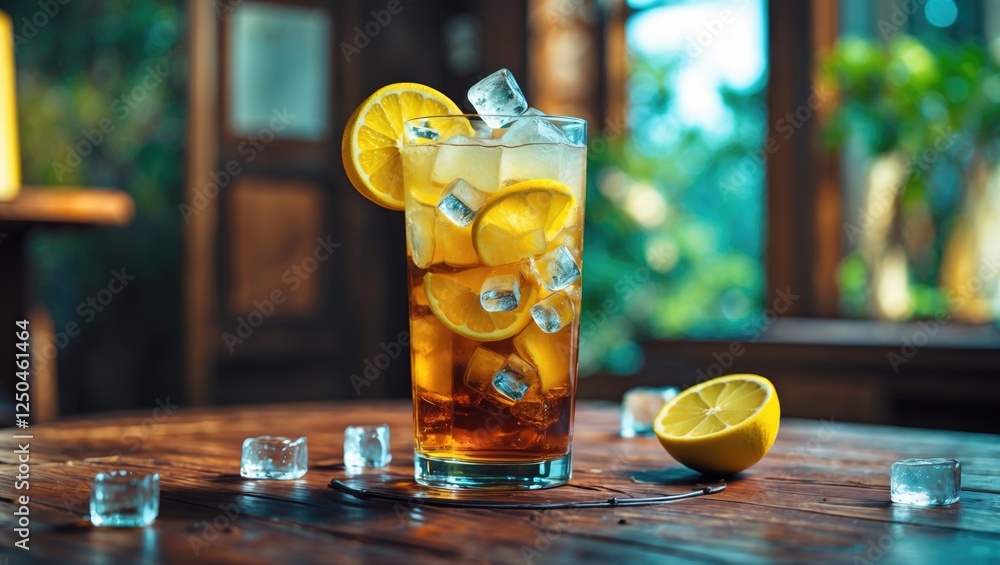 Poster refreshing iced tea with lemon and ice cubes on wooden table perfect for summer beverages with copy 