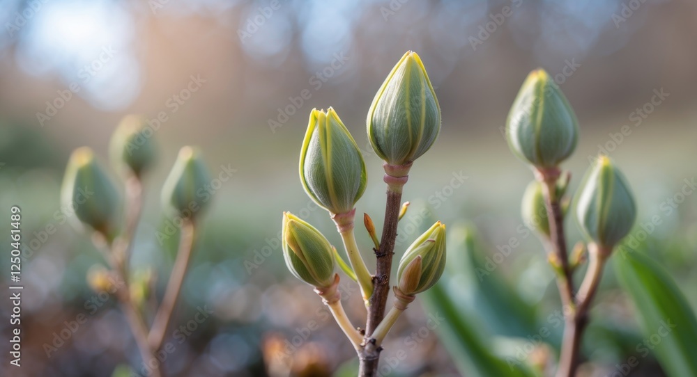 Poster spring flower buds emerging with soft focus background for text placement