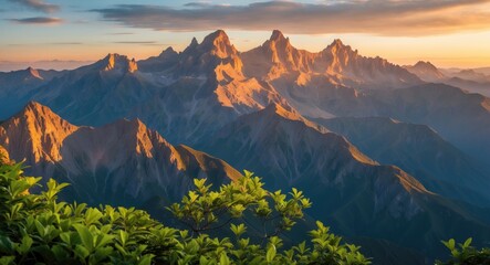 Majestic Mountain Range at Golden Hour with Warm Light Illuminating Peaks and Lush Green Foliage in the Foreground. Scenic Landscape.