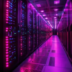 Fototapeta premium Vibrant Server Room Illuminated with Pink and Purple LED Lights Showcasing Rows of High-Tech Servers
