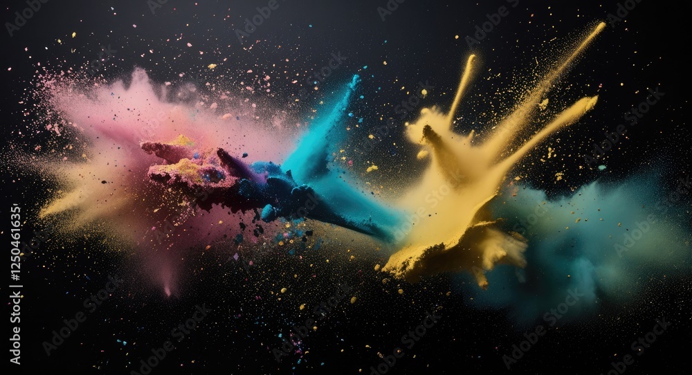 Poster vibrant explosion of multicolored powder against a dark background showcasing dynamic movement and a